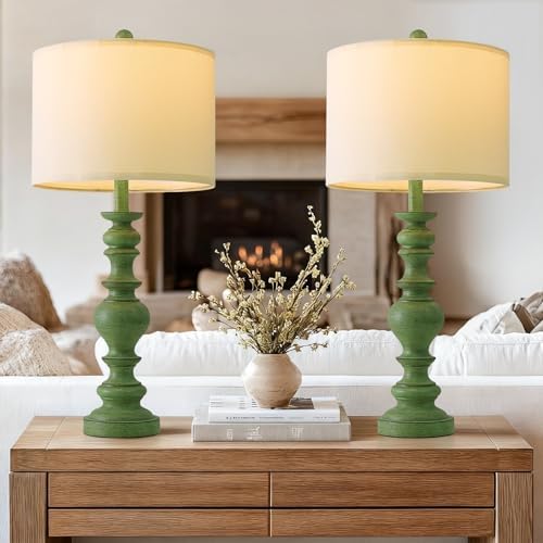 BOBOMOMO 27" Sage Green Table Lamps Set of 2, Large Farmhouse Resin Lamps with Linen Shades, Green Vintage Lamps for Living Room, Bedroom, or Entryway, Rustic Elegant Home Décor