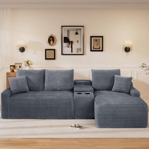 95" L Shaped Cloud Couch Modular Sectional Sofa, Comfy Fluffy Corduroy Grey Boneless Sectional Couches for Living Room, Modern Cloud Sofas with Cup Holders & Right Facing Chaise, Grey