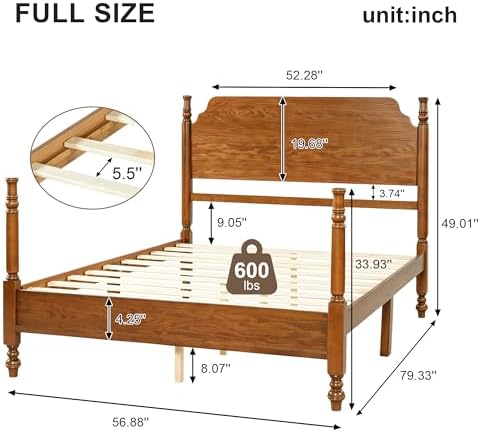 Vintage Wood Full Bed Frame, Traditional Spindle Platform Bed with Tall Headboard, Light Walnut Antique Style 4-Poster Design, Under Bed Storage, No Box Spring Needed