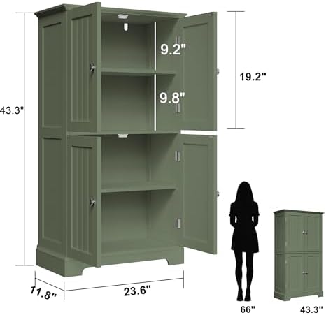 ChooChoo Bathroom Floor Cabinet with Adjustable Shelves | Bathroom Storage Cabinet, 4 Doors, Freestanding Cupboard for Living Room, Green