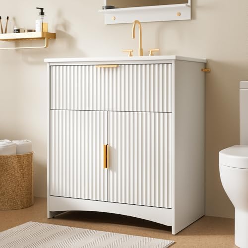 Amada 30 inch Bathroom Vanity with Ceramic Sink and Storage, White | Modern fluted style, U-shaped drawer, adjustable U-shaped shelf, CARB-certified, pre-drilled faucet holes and drain hole