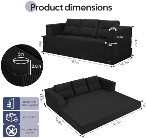 COMAX Futon Sofa Bed, Convertible Sofa Bed, Folding Boneless Couches