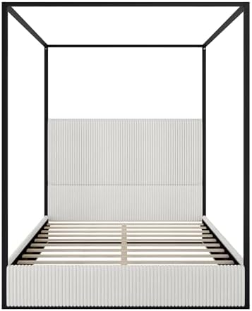 Merax Queen Metal Canopy Bed with Tall Upholstered Headboard, White