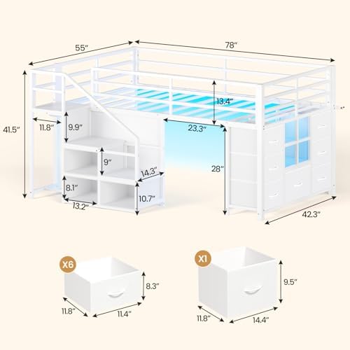 BTHFST Low Loft Bed Twin Size with Stairs,LED Lights,7 Large Drawers, White