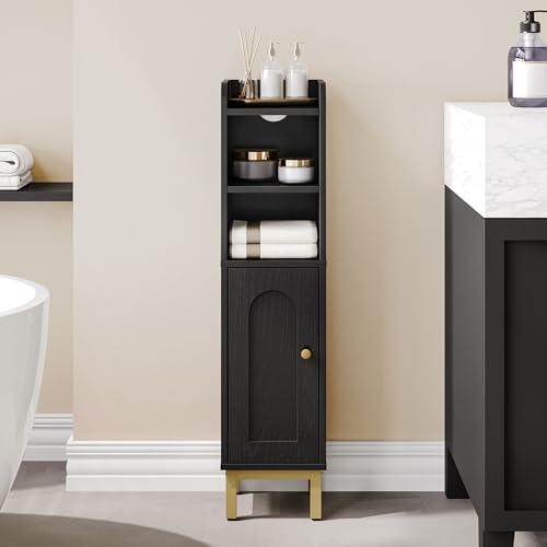 Hzuaneri Bathroom Storage Cabinet, Small Corner Floor Cabinet | Narrow Toilet Paper Holder, Bathroom Organizer with Adjustable Shelf, 2 Doors, for Small Spaces, Black BC08206X