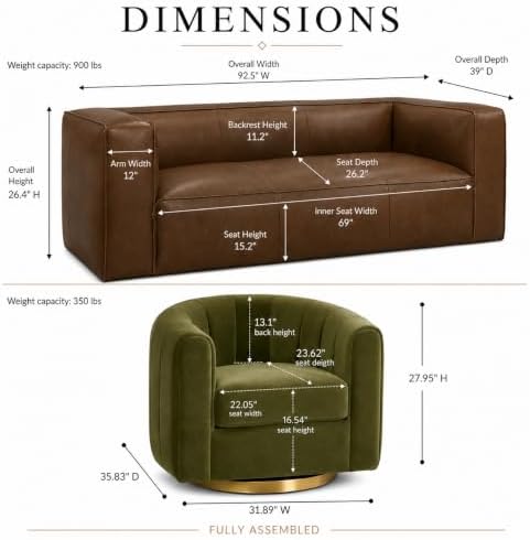 3-Piece Living Room Set, Genuine Leather Sofa + 2 Swivel Chairs