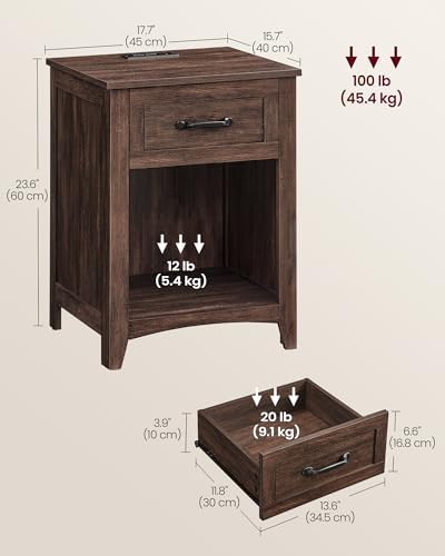 VASAGLE Farmhouse Nightstands with Charging Station, 1 Drawer, Set of 2