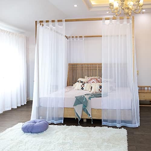 Linentalks Sheer Canopy Bed Curtains for King, Queen, Full and Twin Bed, 4 Corner Bed Canopies & Drapes, Four Poster Bed Canopy Curtains Beds, Sheer Curtains for Canopy Bed Drapes, White