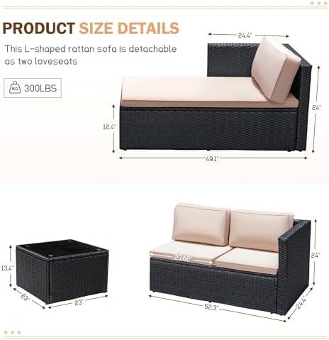 Greesum 3 Piece Patio Furniture Set Outdoor Wicker Rattan Sectional Sofa with Adjustable Seat, Soft Cushions & Coffee Table for Yard, Garden, Porch, Poolside, Beige