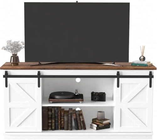 JUMMICO TV Stand for 65 Inch TV, Sliding Barn Doors, White