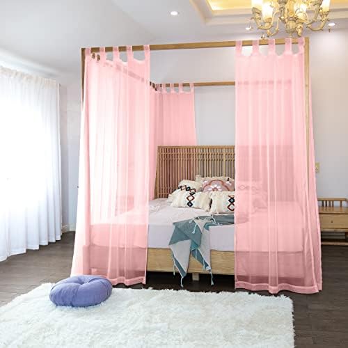 Linentalks Sheer Canopy Bed Curtains for King, Queen, Full and Twin Bed, 4 Corner Bed Canopies & Drapes, Four Poster Bed Canopy Curtains Beds, Sheer Curtains for Canopy Bed Drapes, Pink