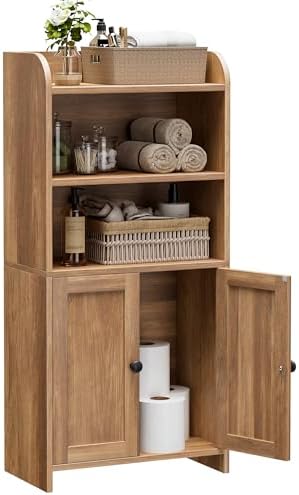 Homhedy Small Bathroom Storage Cabinet, Toilet Paper Storage Cabinet | Bathroom Floor Cabinet with Doors and Shelves, Bathroom Organizers for Small Spaces, 7.9"D x 14.6"W x 31"H, Rustic Walnut