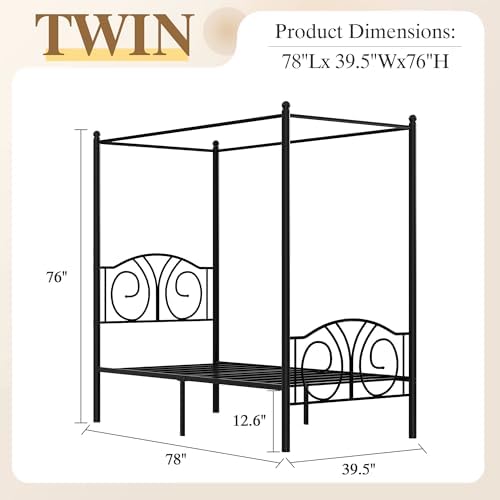 VECELO Twin Canopy Bed Frame, Vintage Scrollwork Headboard, Matte Black