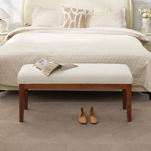 WUTUTUEE 43.5'' Linen Bedroom Bench, Upholstered End of Bed Bench, Padded Vintage Dining Bench, Entryway Bench with Solid Wood Legs, Kitchen, Living Room, Hallway, White