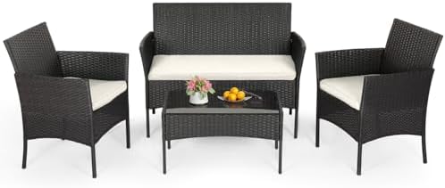FDW 4-Piece Patio Furniture Set | Black | Outdoor Wicker Furniture