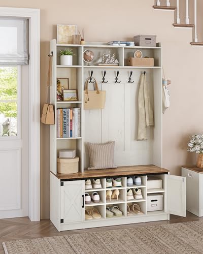 Hzuaneri 47.2" Hall Tree, LED Farmhouse Entryway Storage and Coat Rack Wood, Entryway Furniture with 7 Hooks, Hall Tree with Bench and Storage, 6 Storages Partitions Shoe Bench, Rustic White HT24514X