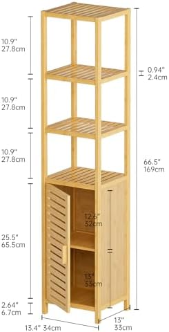 HITNET Bathroom Floor Cabinet, 6 Tier Tall Thin Linen Tower Storage Cabinet Free Standing Bamboo, Kitchen Side Organizer with 3 Shelves and Cupboard, Natural