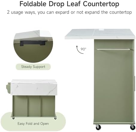 ONBRILL 47" Kitchen Island with 2 Storage Cabinets & 5 Drawers, Green