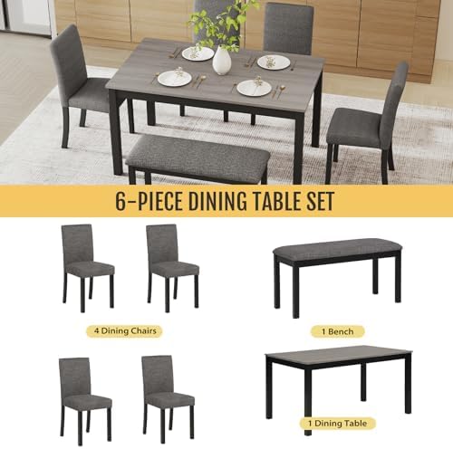 Zevemomo 6-Piece Solid Wood Dining Table Set, Wooden Legs, Dark Gray