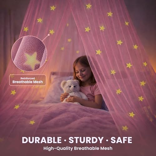 Bollepo Pink Bed Canopy for Girls with Glowing Stars - Premium Canopy Bed | Fits Single, Twin, Full, Queen Size Kids Bed, Princess Netting Room Decor, Ceiling Tent to Cover Toddler, Canopy for Bed