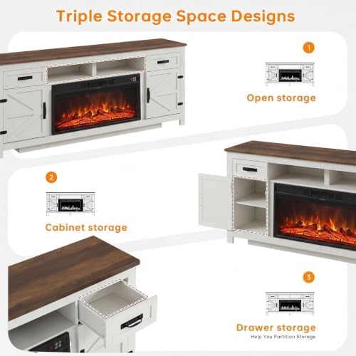 Fireplace TV Stand with Barn Door, 80 inch,Modern White