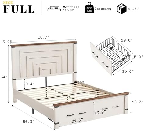 AMERLIFE 5 Pieces Farmhouse Wood Bedroom Set, Includes Rustic Full Bed Frame with 54" Tall Headboard, 6 Drawer Dresser Chest, 5 Drawer Tall Dresser, Nightstands Set of 2 with Charging Station, White