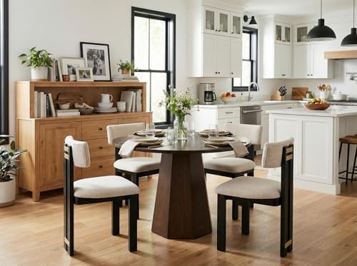 BESTANO 39” Round Solid Wood Dining Table for 4-5 People, Modern Pedestal Small Kitchen Table Circle Tabletop with Walnut Wood Grain Finish, Saving Space, Walnut