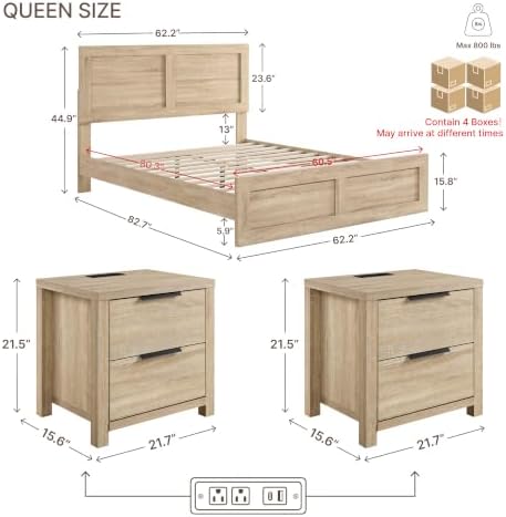 KISLOT 3-Piece Bedroom Set, Bed Frame & 2 Nightstands, Natural, Queen