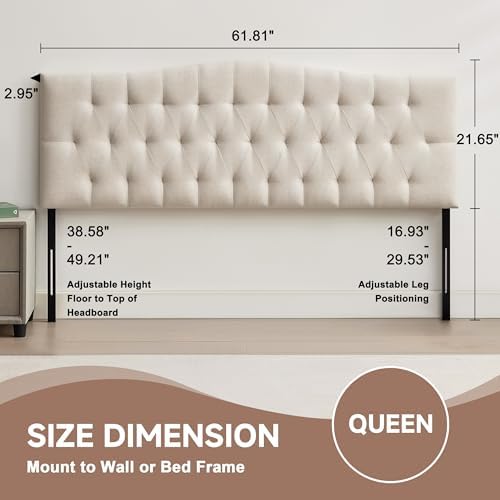 Tufted Upholstered Queen Size Headboard Only, Adjustable 38-50 in, Beige