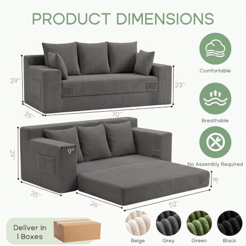 Boneless Couch for Living Room, 3 Seater Convertible Sofa Bed in Box, Grey