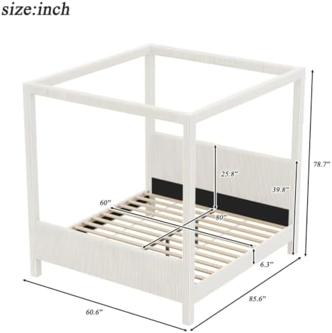 Queen Size Canopy Bed with Upholstered Headboard & Footboard, Beige