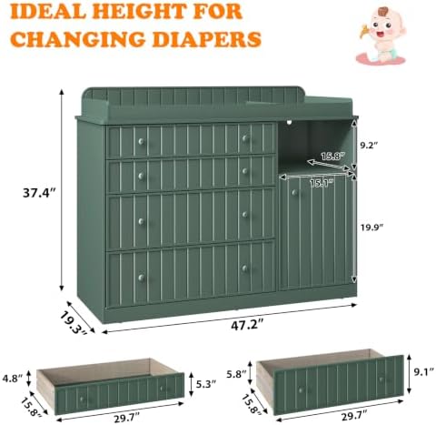 Green Changing Table Dresser with 4 Drawers, Baby Nursery Diaper Table