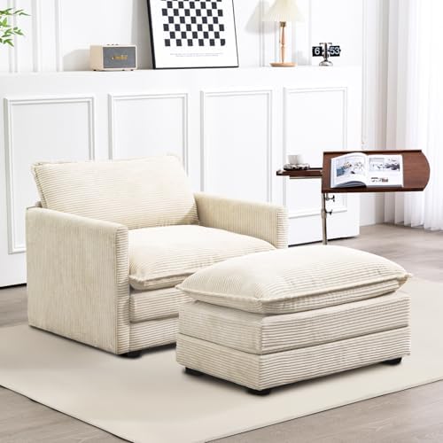 ROWHY 41'' Single Armchair with Ottoman, Modern Corduroy Cloud Couch with Convertible Chaise, Upholstered Sofa Set for Living Room, Beige