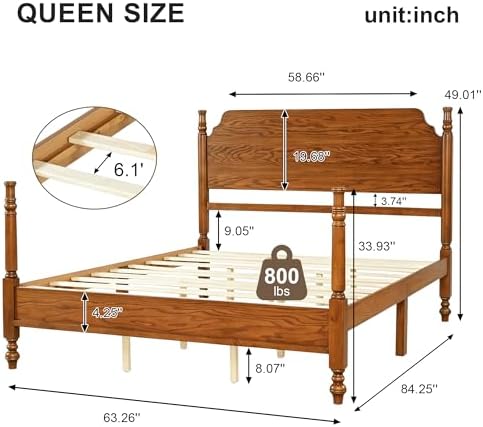 Vintage Wood Queen Bed Frame with Tall Headboard, Traditional Spindle 4-Poster Platform Bed, Light Walnut Antique Style, Under Bed Storage, No Box Spring Needed