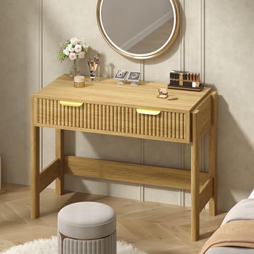 34 Inch Small Fluted Computer Desk with Drawer for Bedroom, Home Office