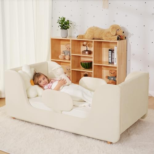 Toddler Bed, Toddler Floor Bed Frame with Wood Slats, Small Beds with Removable Safety Guardrails, Standard Crib Size Kids Bed for Girl and Boy, White