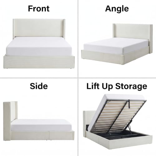 Full Lift Up Storage Bed, Corduroy Platform Bed with Headboard, Cream