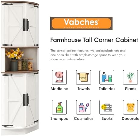 Vabches 64.8" Tall Farmhouse Corner Cabinet with 4 Doors and 5 Storage Shelves, Farmhouse Storage Cabinet with Barn Door Design, Home Space Saver for Living Room, Kitchen, Laundry Room,White