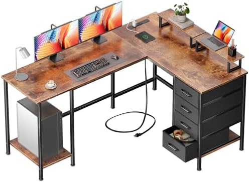 Korfile 59 inch L Shaped Computer Desk with Power Outlets, Rustic Brown