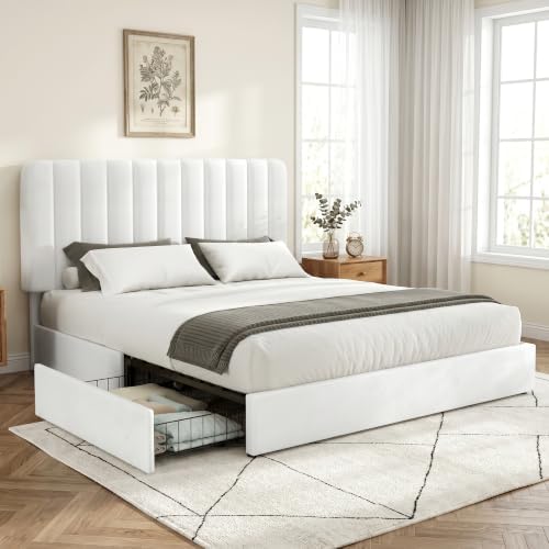 VECELO Full Size Upholstered Bed Frame with 4 Drawers and Headboard, Velvet Platform Storage Bedframe, Wooden Slats Support, No Box Spring Needed,White