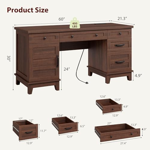 IDEALHOUSE 60" Farmhouse Wooden Home Office Executive Desk with Drawers