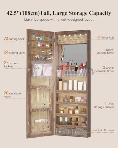 LVSOMT 42.5" Wall Mounted Jewelry Organzier with LED Mirror, Wood | Lockable Jewelry Cabinet for 30 Ring Slots, 96 Earring and 20 Necklace Hooks, Gift for Women, Girls