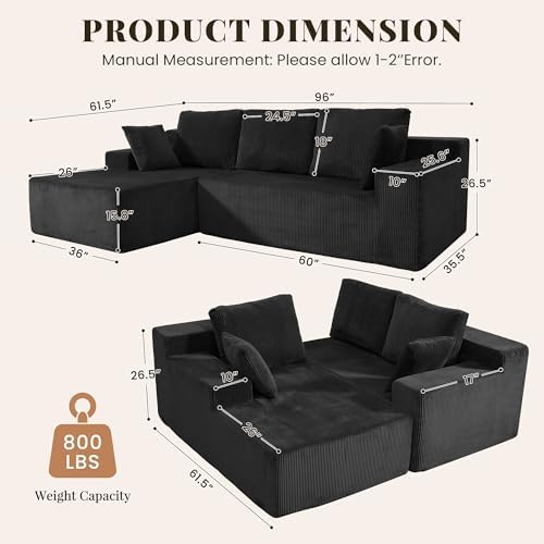 GRUSIGN Cloud Sectional Boneless Couches for Living Room, Modular L Shaped Couch with Deep Seat Oversized Left Facing Chaise, Memory Foam Compressed Spineless 3 Seater Sofa for Apartment, Black