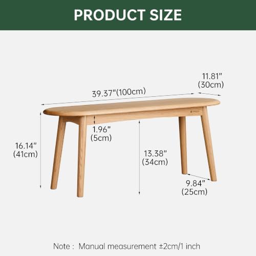 100% Solid Oak Dining Bench, Wood Bench for Bedroom End of Bed with Rounded Corners, Entryway Benches for Dining Room, Kitchen, Living Room (Natural Oak, 39.4")