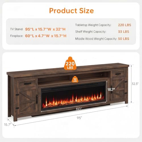 Fireplace TV Stand with Barn Door, 95 inch, Walnut