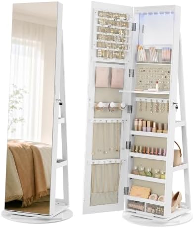 SONGMICS HOME Standing Jewelry Armoire, Full Length Mirror with Storage | Lockable Jewelry Cabinet with 6 LED Lights, Floor Mirror, Built-in Vanity, White Surface, Black Lining UJJC007W02SH