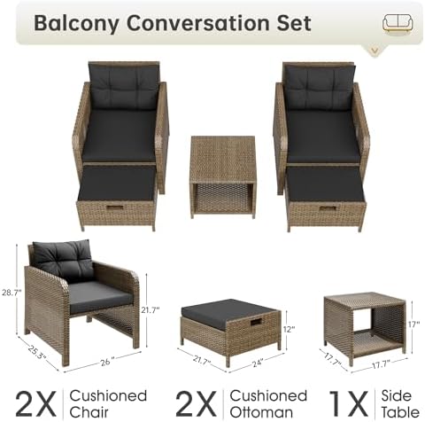 LHBcraft 5 Piece Patio Furniture Set, PE Wicker Outdoor Furniture Set with Soft Cushions & Coffee Table, Outdoor Lounge Chairs with Ottoman for Porch, Lawn, Balcony, Beige-Black