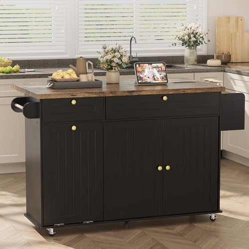 ComfyCorner 60" Rolling Large Kitchen Island on Wheels with Extendable Table, Drop Leaf & Power Outlet, Mobile Kitchen Cart with Storage Cabinet, 2 Drawers, Spice Rack, Towel & Knife Holder, Black