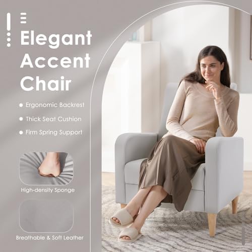COLAMY Mid-Century Modern Accent Chair, Faux Leather Upholstered Living Room Chair with Back Pillow & Solid Wood Legs, Comfy Armchair for Living Room, Bedroom, Single Sofa, Light Grey