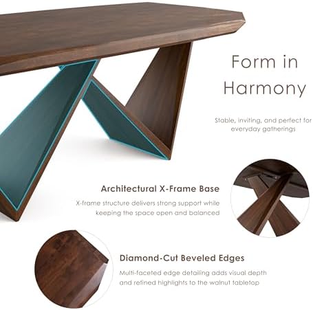 Furniture of America Nazaen III 82.5" Mid-Century Modern Solid Wood Live Edge Dining Table with Steel Support, Walnut Finish, Seats 4–6